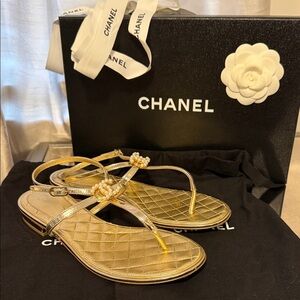 Authentic CHANEL Gold Quilted CC Lambskin Leather Pearl Flat Sandals